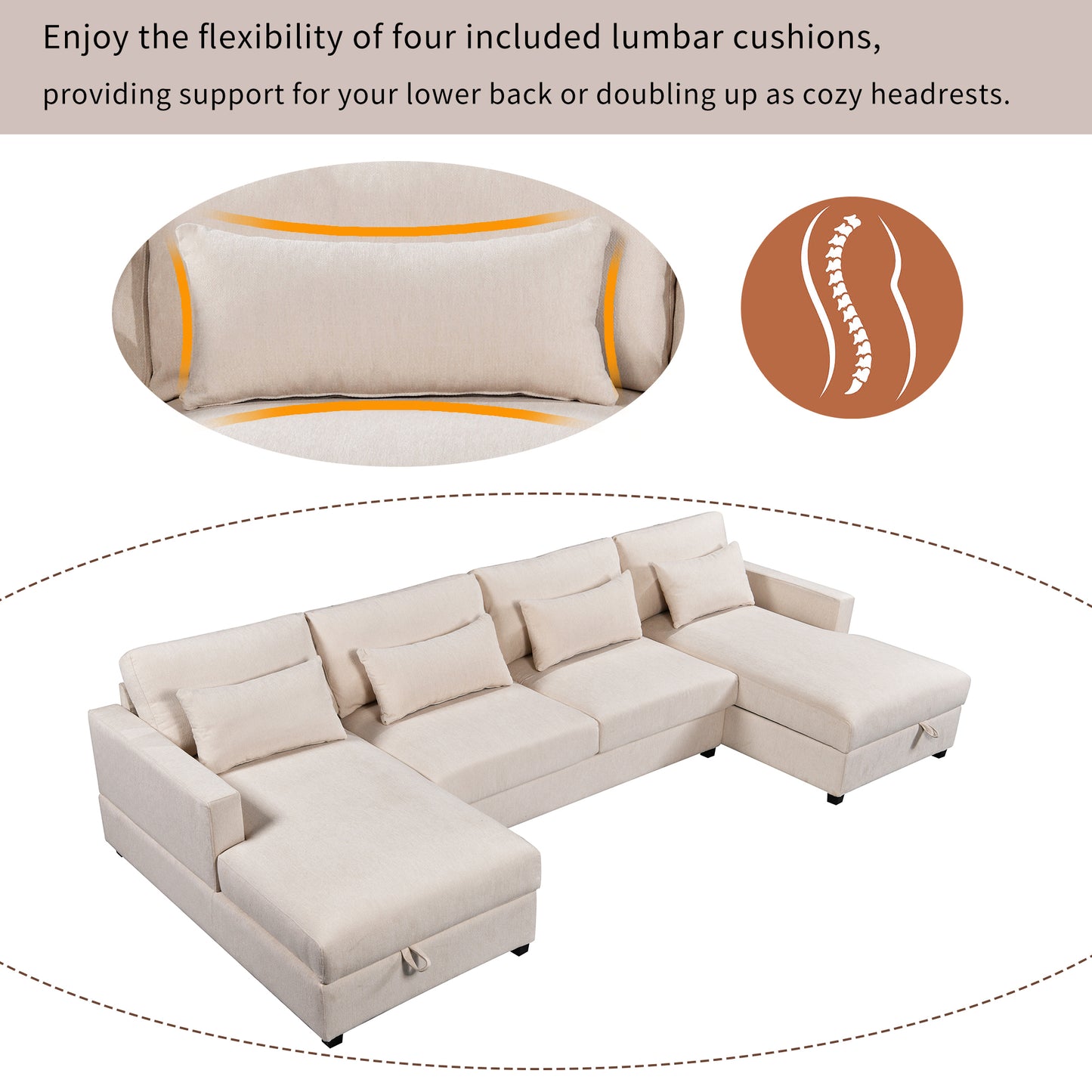 U_STYLE Modern Large U-Shape Sectional Sofa, 2 Large Chaise with Storage Space for Living Room, 4 Lumbar Support Pillows