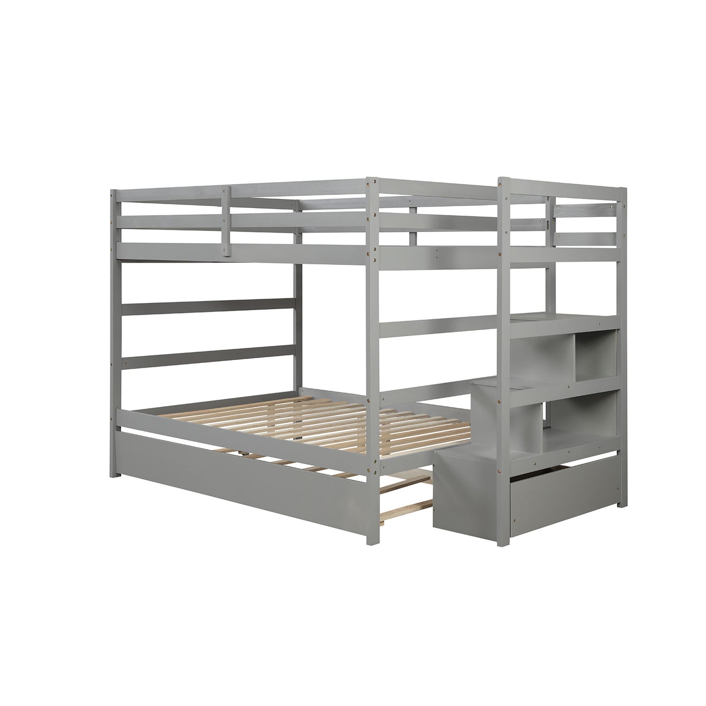 Stairway Full-Over-Full Bunk Bed with Twin Size Trundle and Drawer in Gray