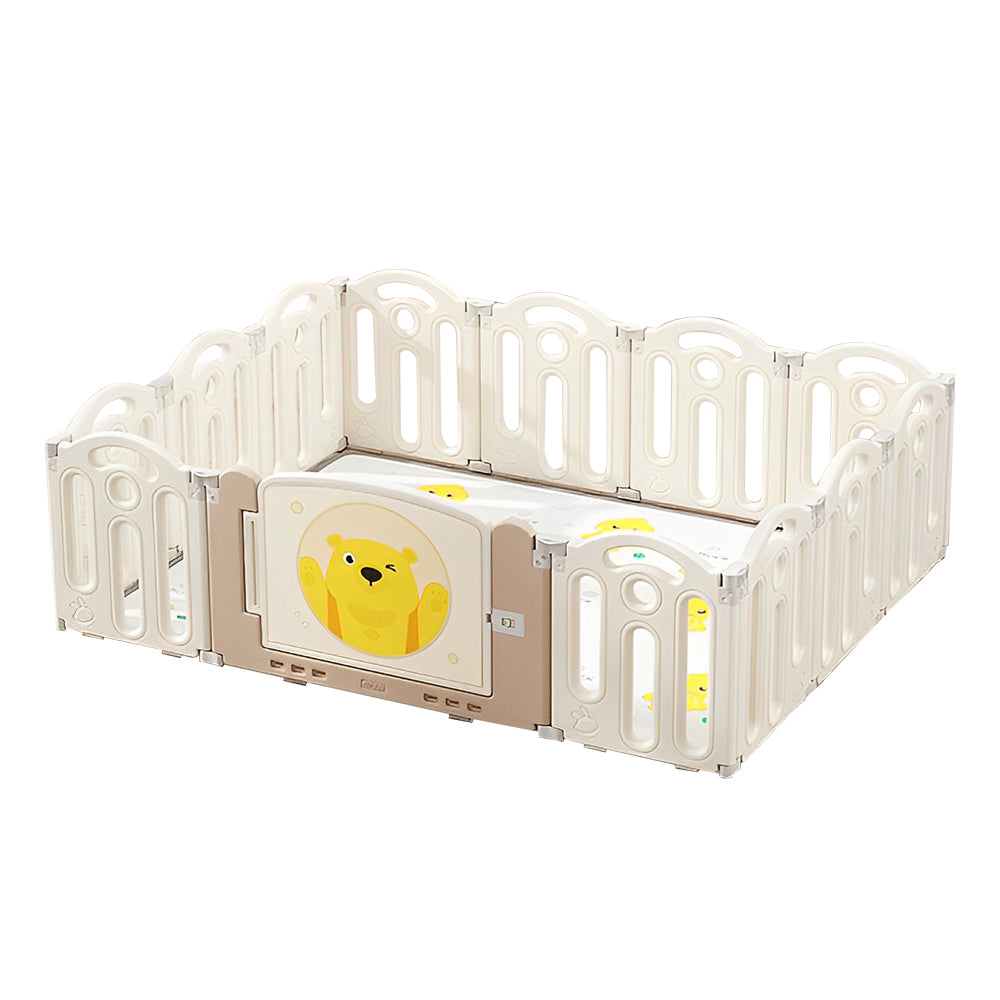 Bear Beige white  Color Foldable Playpen, Baby Safety Play Yard With Fence Indoor Toys With Play mat 12panel and 1 play mat