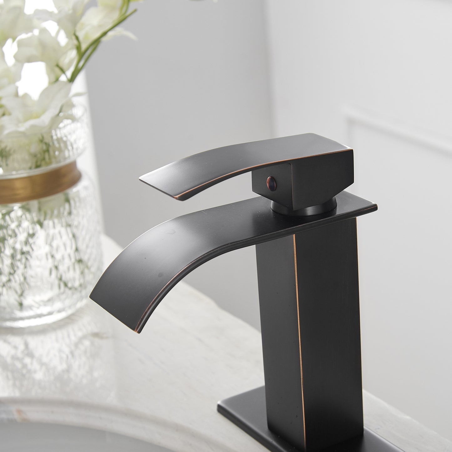 Bronze Waterfall Bathroom Faucet with Single Handle and Pop-up Drain