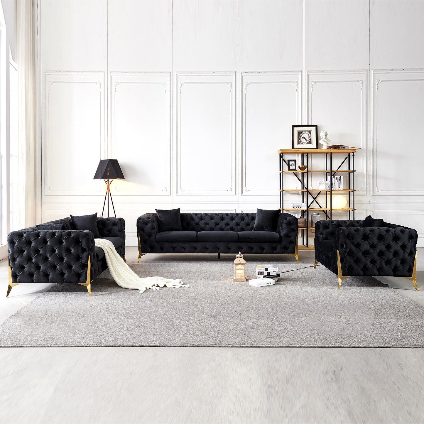 Black Elegant Velvet Living Room 3-Seater Sofa, Upholstered Sofa