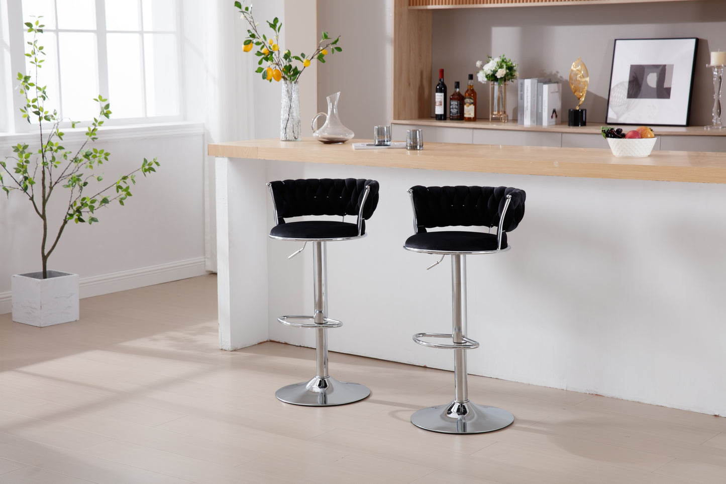 Set of 2  Bar Stools,with Chrome Footrest and Base Swivel Height Adjustable Mechanical Lifting Velvet + Bar Stool-BLACK