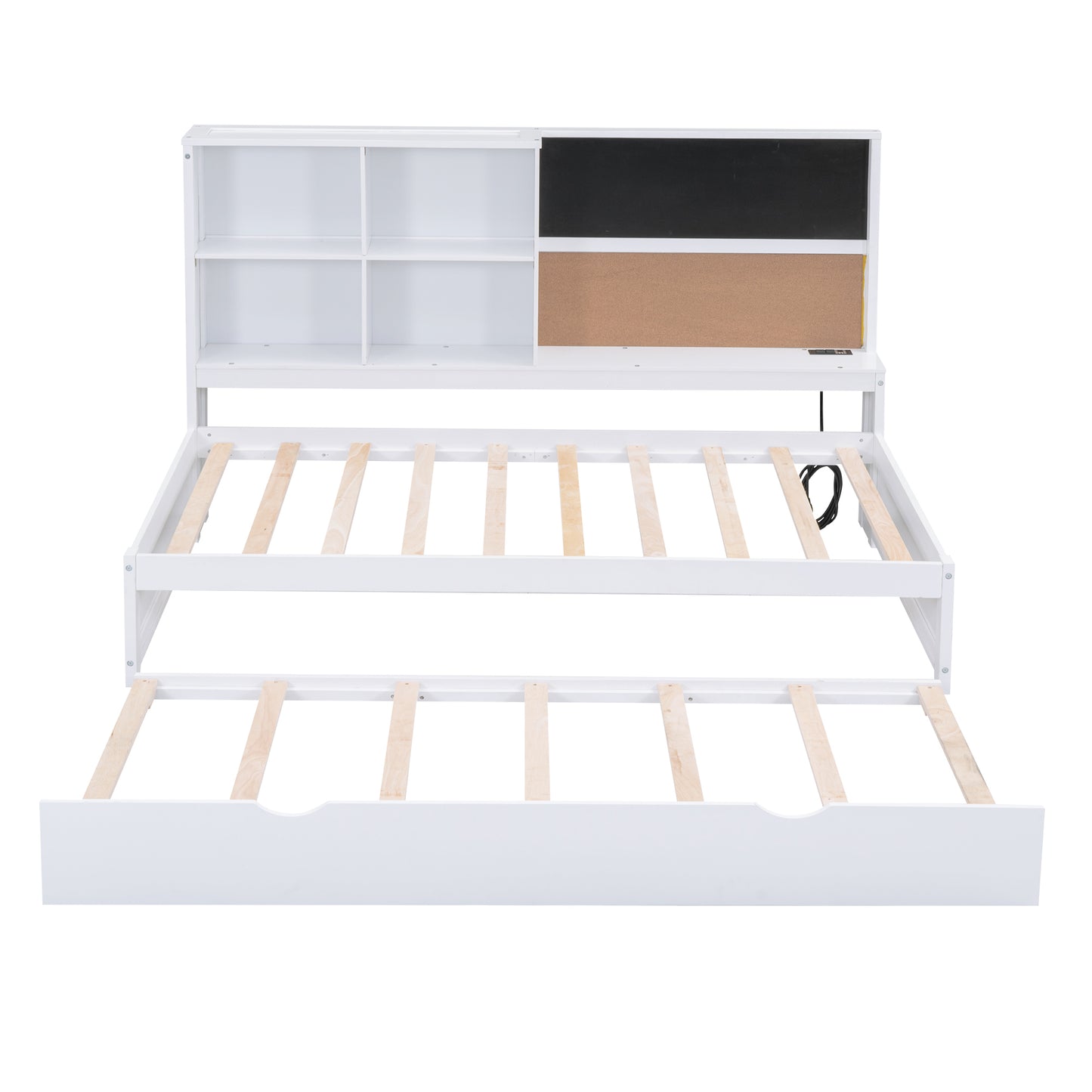 Twin Size Daybed with Storage Shelves, Blackboard, Cork board, USB Ports and Twin Size Trundle, White