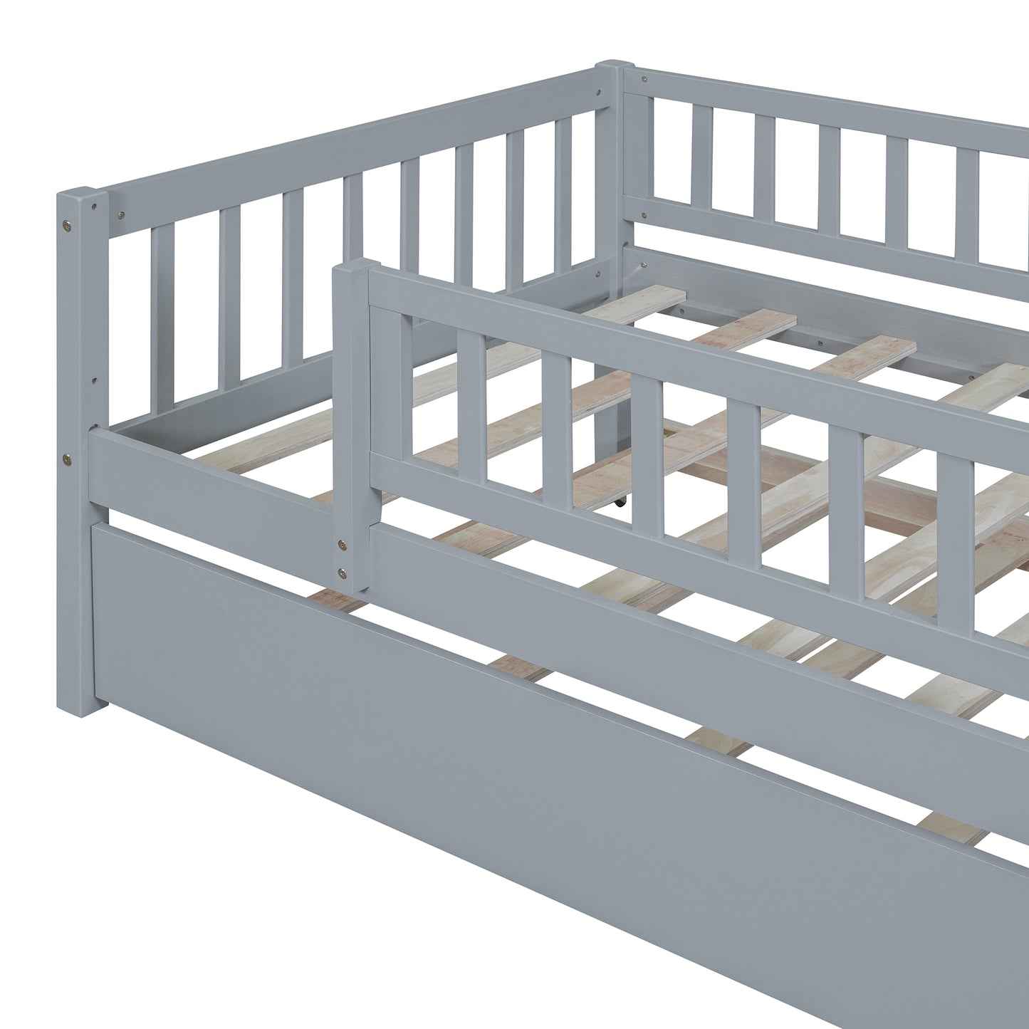 Twin Size Wood Daybed with Trundle and Fence Guardrails, Gray