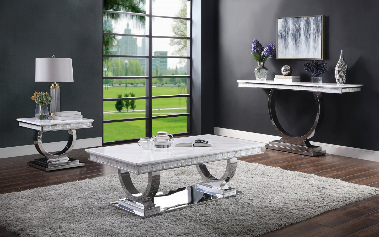 Zander Marble Top Coffee Table with Mirrored Silver Finish