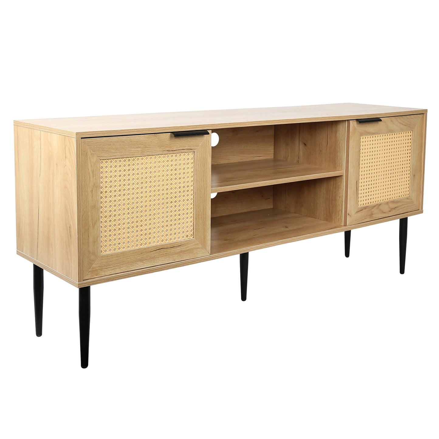 Rattan-Doored Wooden TV Stand with Open Shelves for TVs up to 65 Inches