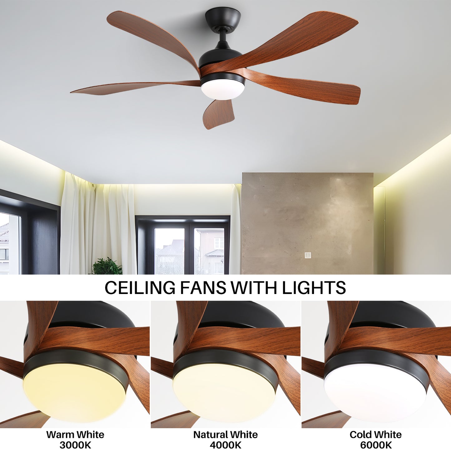 52 Inch White Wooden Ceiling Fan with 5 ABS Blades Ultra-Quiet DC Motor for Bedroom