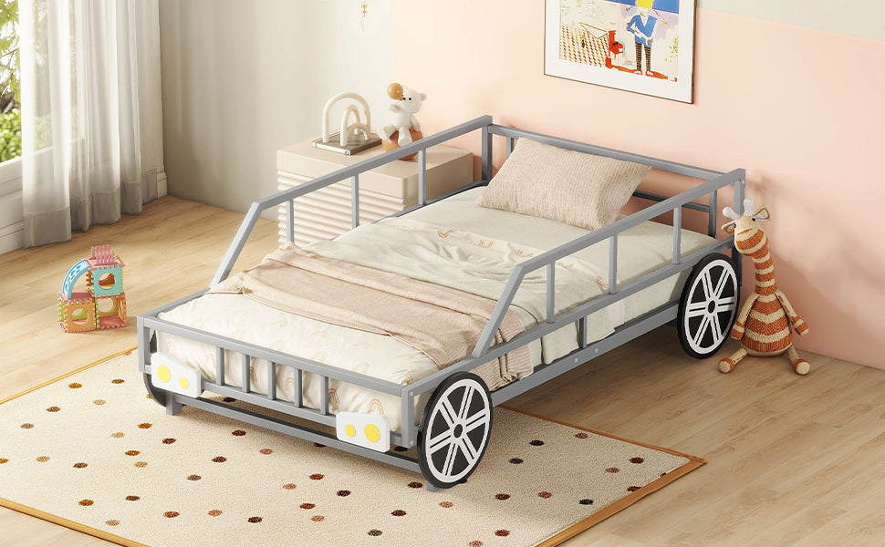 Metal Twin Size Car-shaped Platform Bed with Wheels and Headlights Decoration, Silver