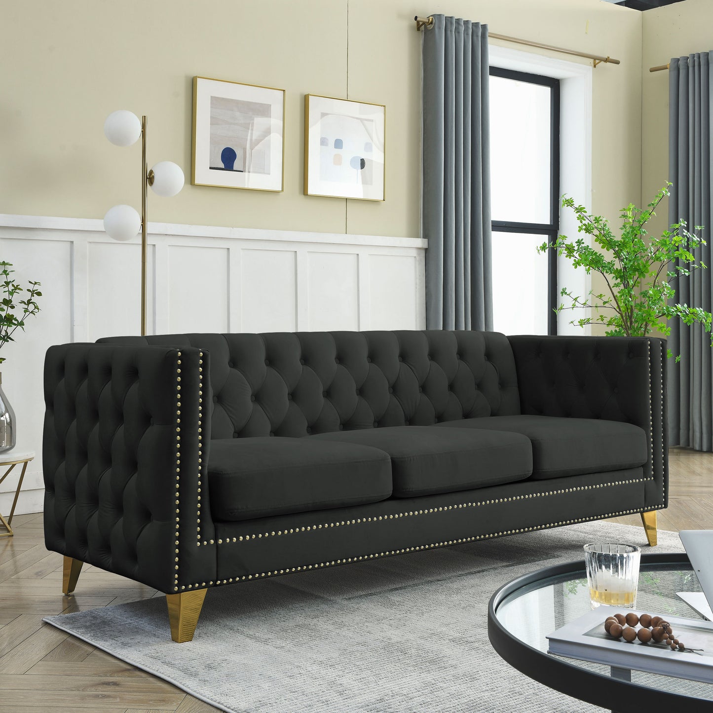 Velvet Sofa for Living Room,Buttons Tufted Square Arm Couch, Modern Couch Upholstered Button and Metal Legs, Sofa Couch for Bedroom, Black Velvet ,2PCS