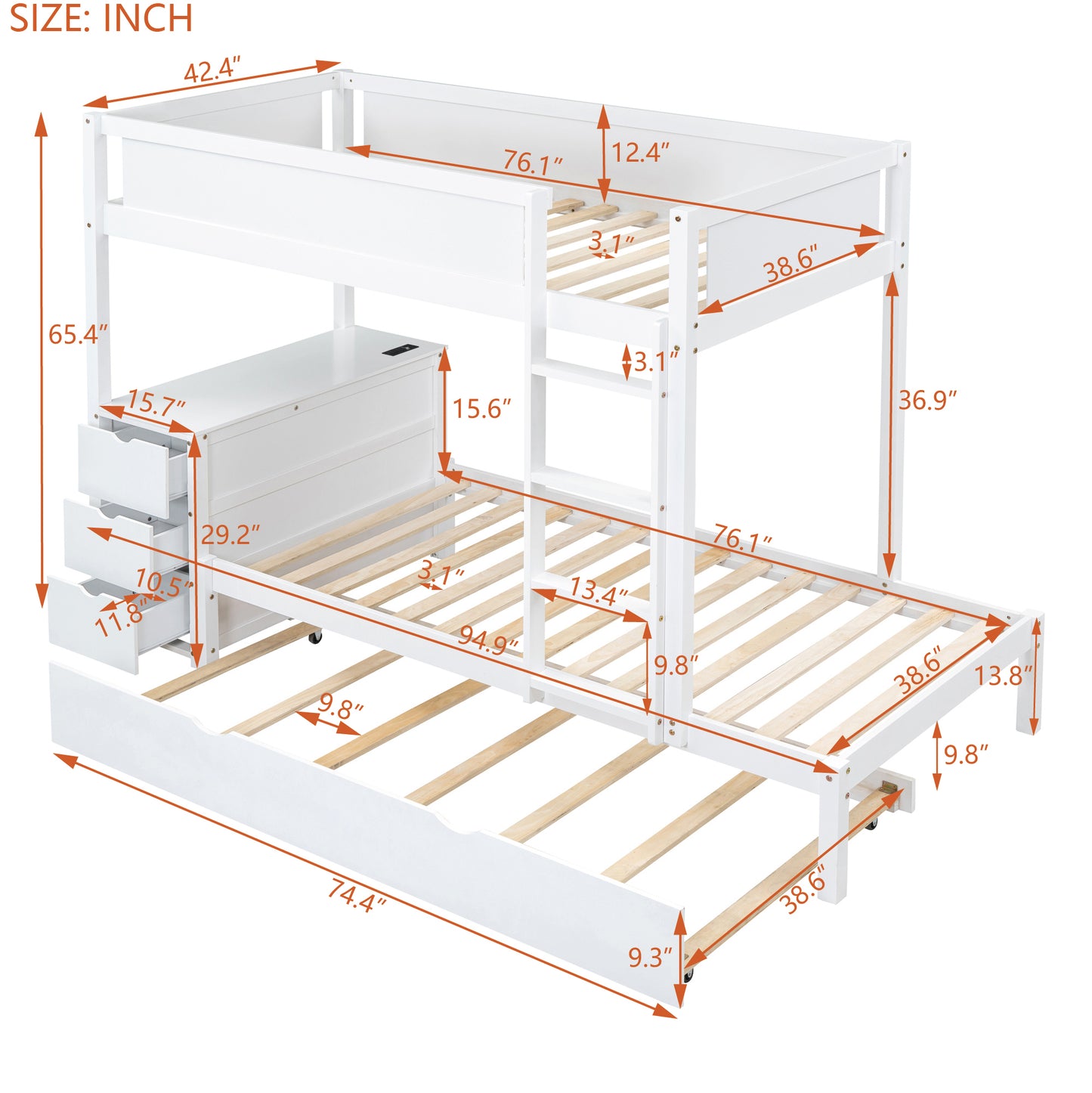 Twin Loft Bed with Trundle, Storage, Desk, and USB Outlets, White