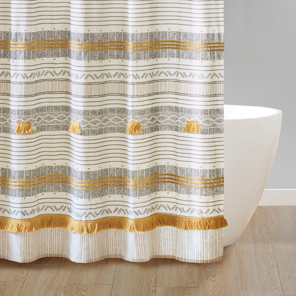 Striped Cotton Shower Curtain with Tassel Embellishments