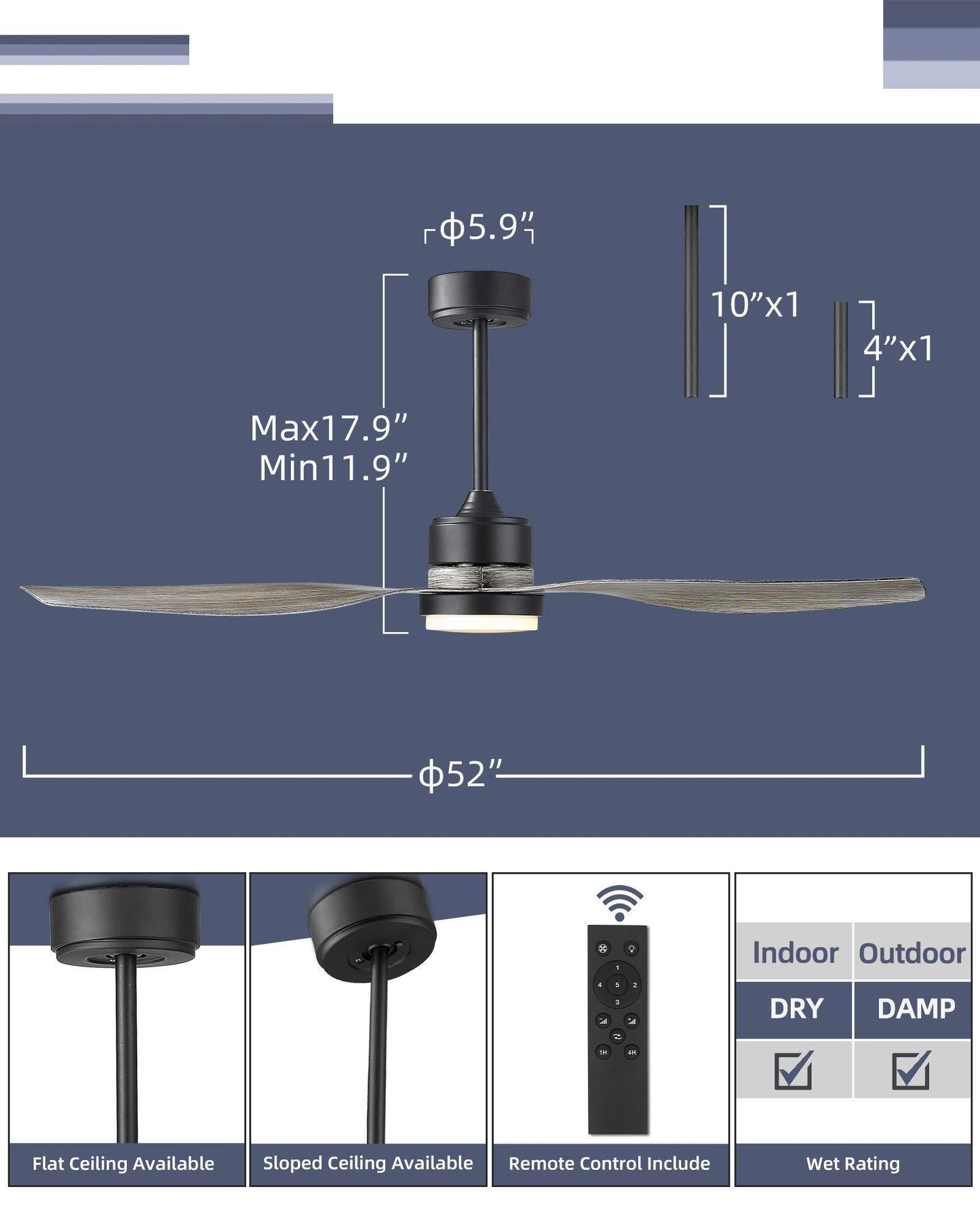 52 Inch Wood Color LED Propeller Ceiling Fan with Remote Control