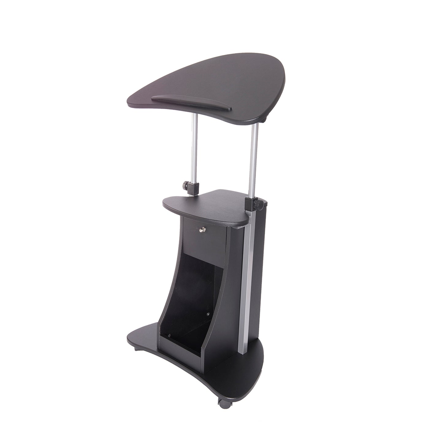 Adjustable Rolling Laptop Cart with Sit-to-Stand Function and Black Storage Shelf