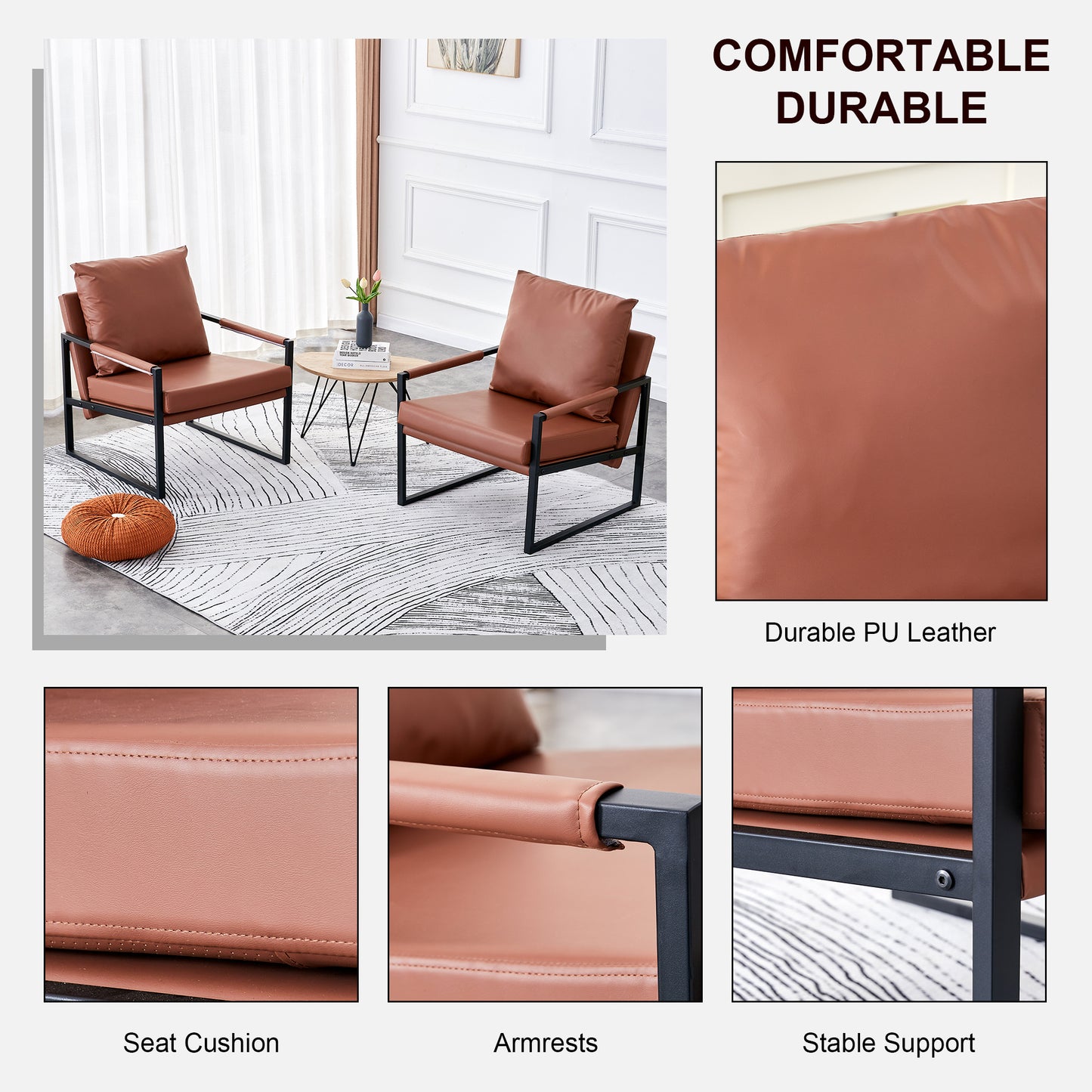 Contemporary Brown PU Leather Armchair Set with Metal Frame