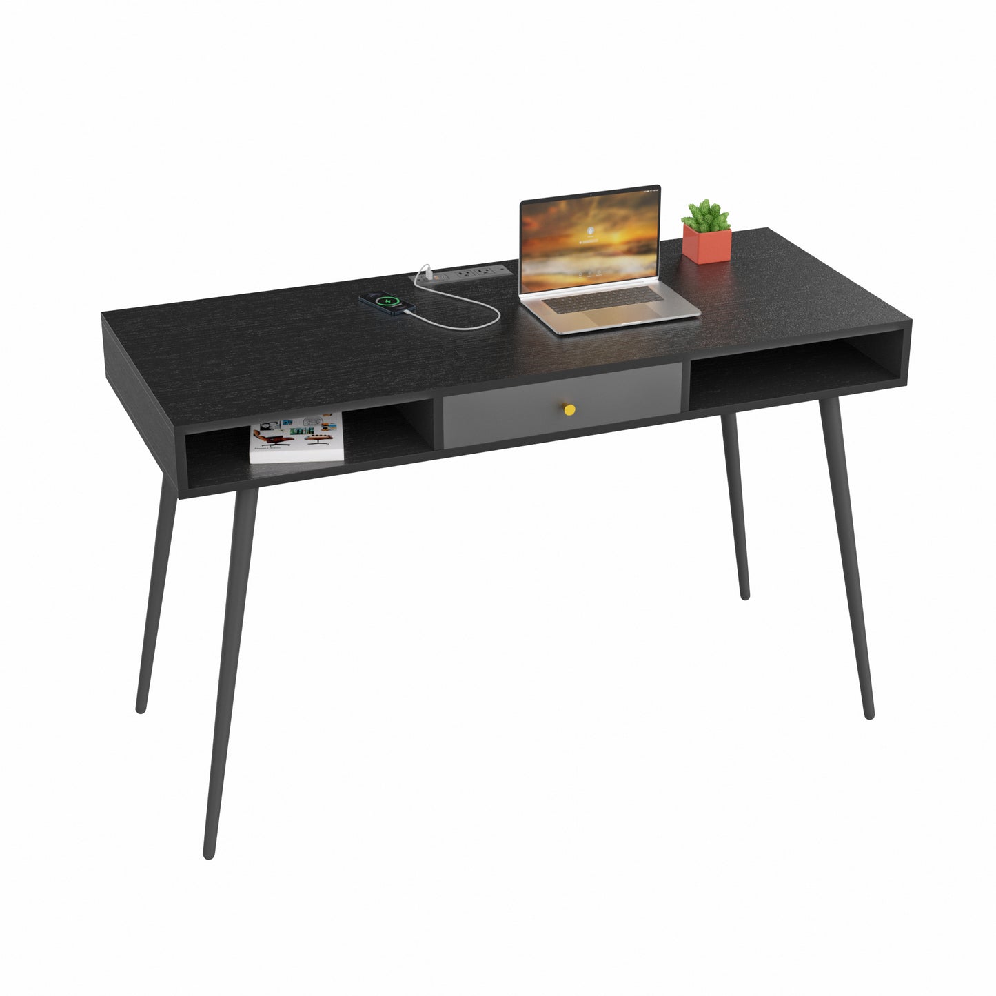 Sleek Black Mid Century Desk with USB Ports, Power Outlet, and Drawers