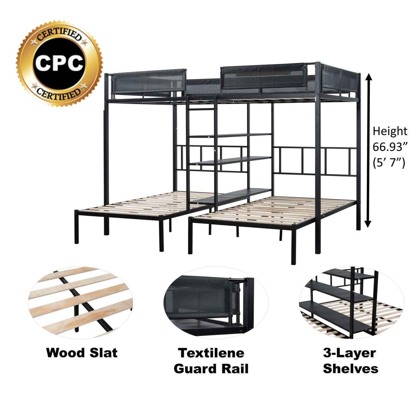 Metal Bunk Bed with Three Tiers Shelves