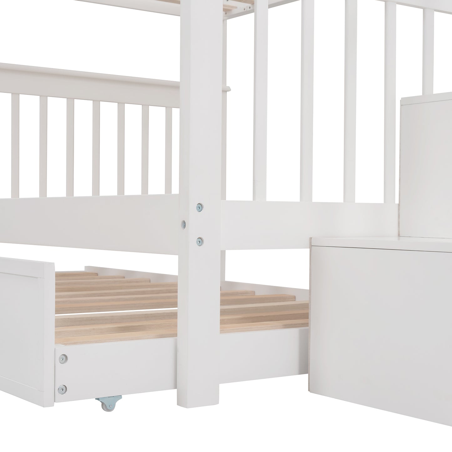 Stairway Full-Over-Full Bunk Bed with Twin Trundle, Storage and Guard Rail - White Oasis for Bedroom