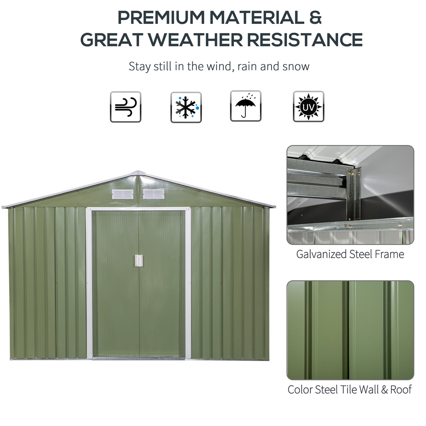 Outsunny 9' x 6' Outdoor Storage Shed, Garden Tool House with Foundation, 4 Vents, and 2 Easy Sliding Doors for Backyard, Patio, Garage, Lawn, Green