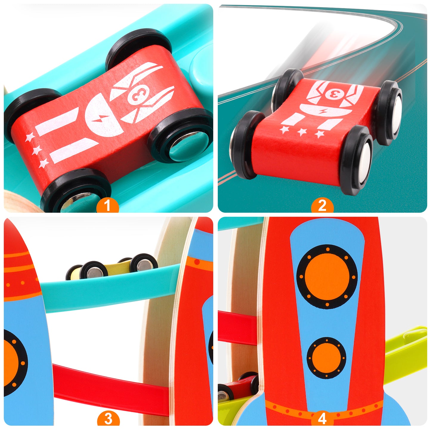 Colorful Wooden Toy Car Ramp Racer Set with 4 Cars