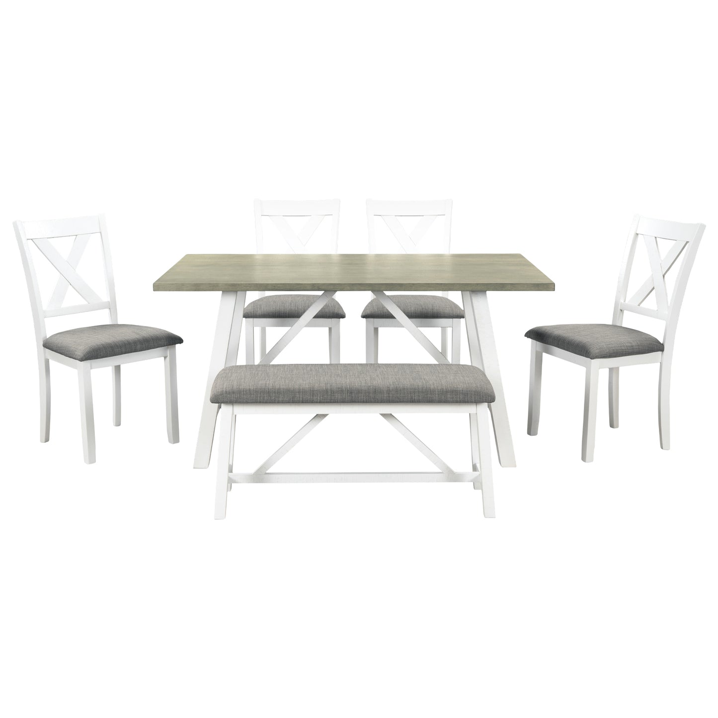 6 Piece Dining Table Set Wood Dining Table and chair Kitchen Table Set with Table, Bench and 4 Chairs, Rustic Style,White+Gray