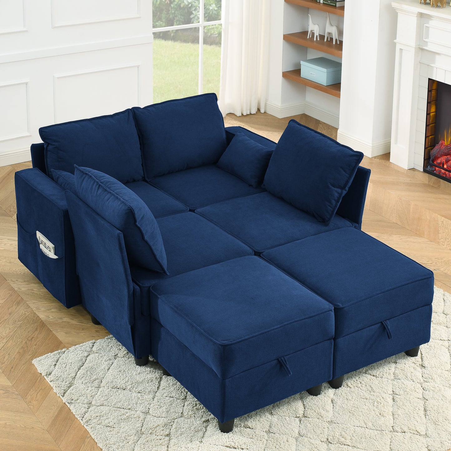 Sectional Modular Sofa Couch, 6 Storage Seat Convertible Sofa Bed Set for Living Room, Navy Blue Corduroy Velvet