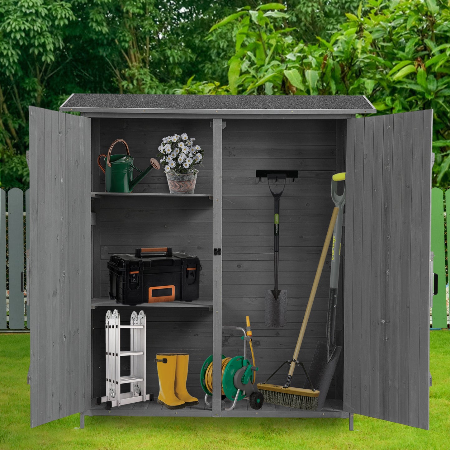 56"L x 19.5"W x 64"H Outdoor Storage Shed with Lockable Door, Wooden Tool Storage Shed w/Detachable Shelves & Pitch Roof,Gray