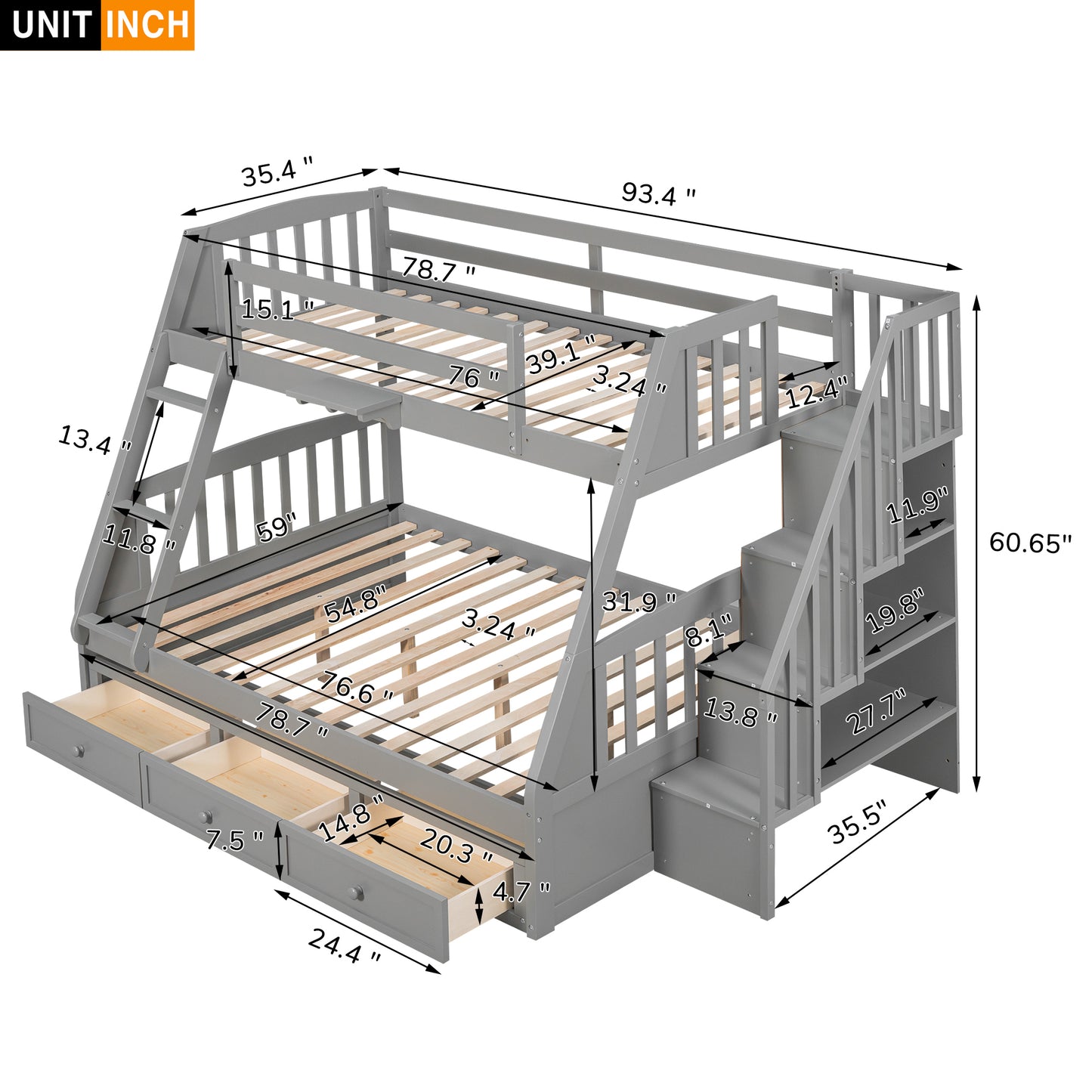 Gray Twin-Over-Full Bunk Bed with Storage Staircase, Ladder, and Drawers