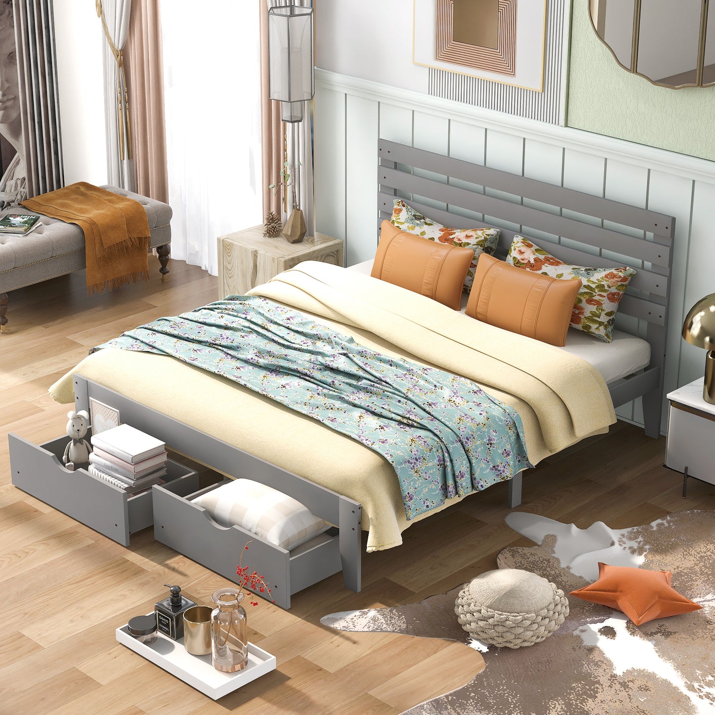 Queen Size Platform Bed with Drawers, Gray(New SKU:WF288469AAE)