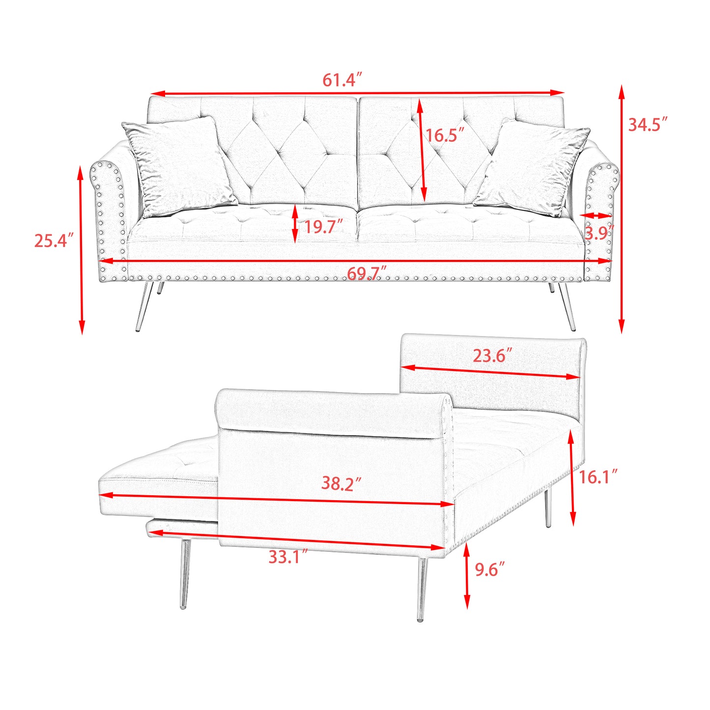 69.7 Elegant Pink Velvet Sofa Bed with Nail Head Accents and Throw Pillow