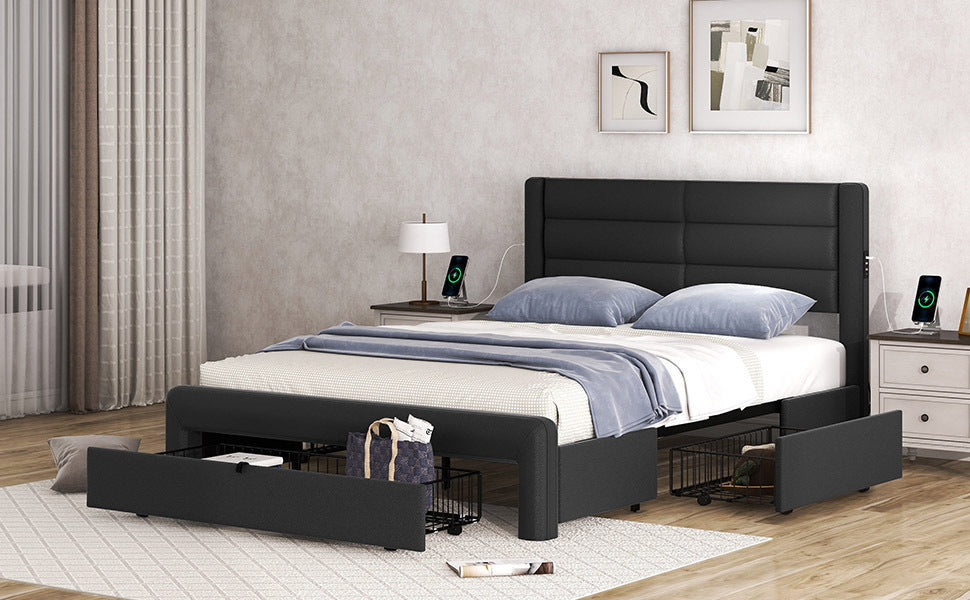 Queen Size Bed Frame with Drawers Storage, Leather Upholstered Platform Bed with Charging Station, Black