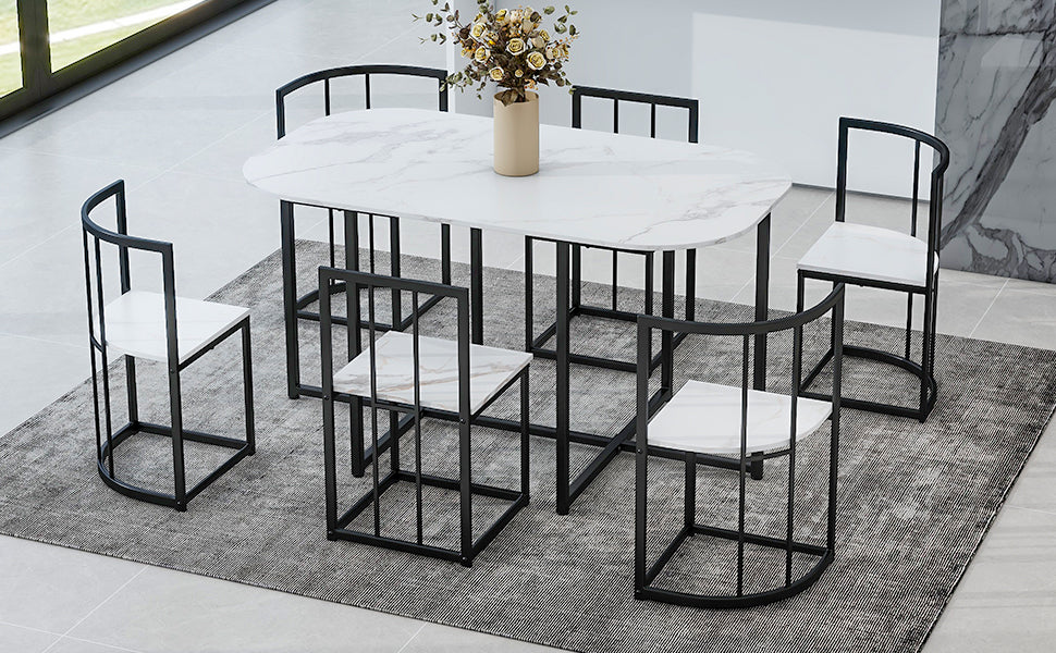 Modern 7-Piece Dining Table Set with Faux Marble Compact 55Inch Kitchen Table Set for 6, Black+White