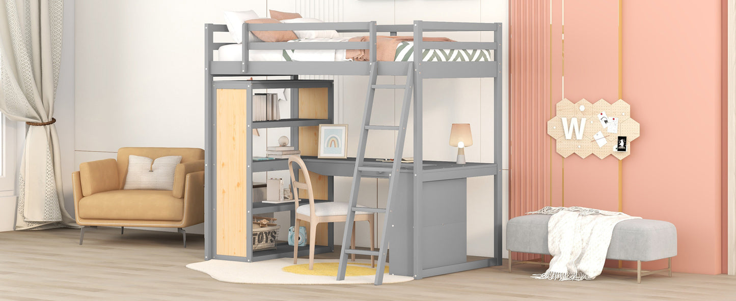 Twin Size Loft Bed with Ladder, Shelves, and Desk, Gray(LT000225AAE)