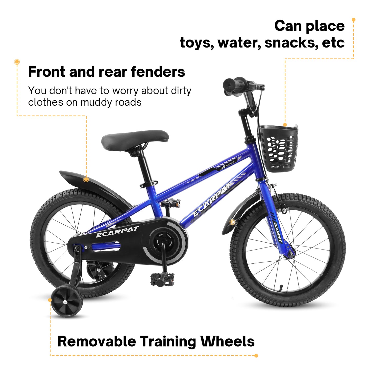 Kids Bike 14 inch for Boys & Girls with Training Wheels,  Freestyle Kids' Bicycle with Bell,Basket and fender.