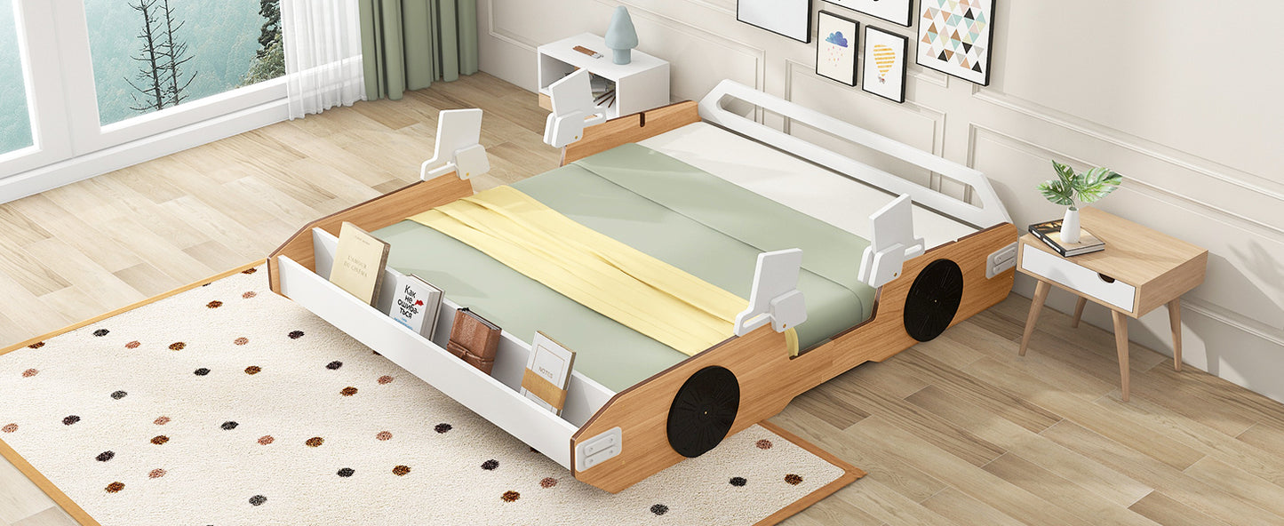 Wood Full Size Racing Car Bed with Door Design and Storage, Natural+White+Black