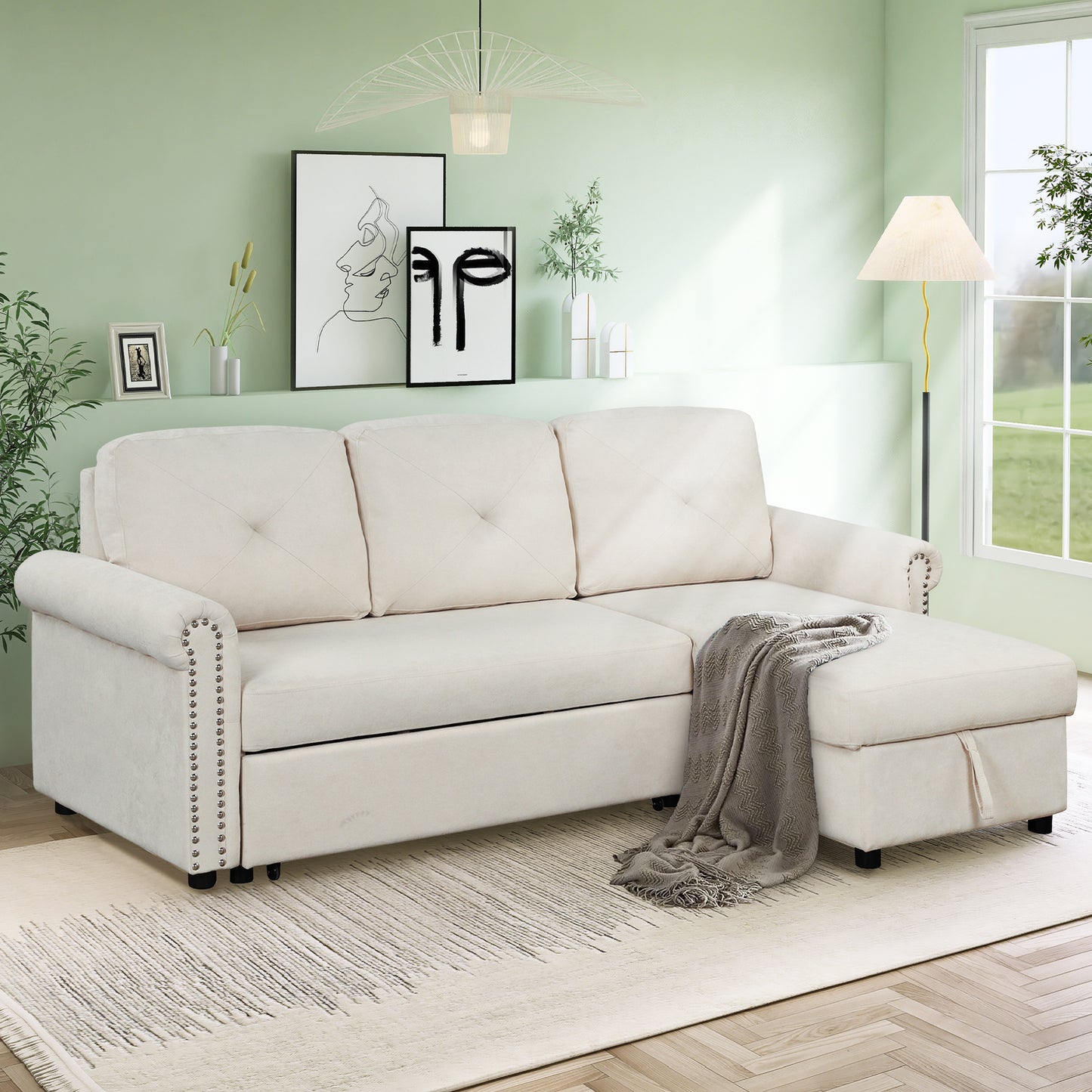 83 Beige Modern Convertible Sleeper Sofa Bed with Storage Chaise