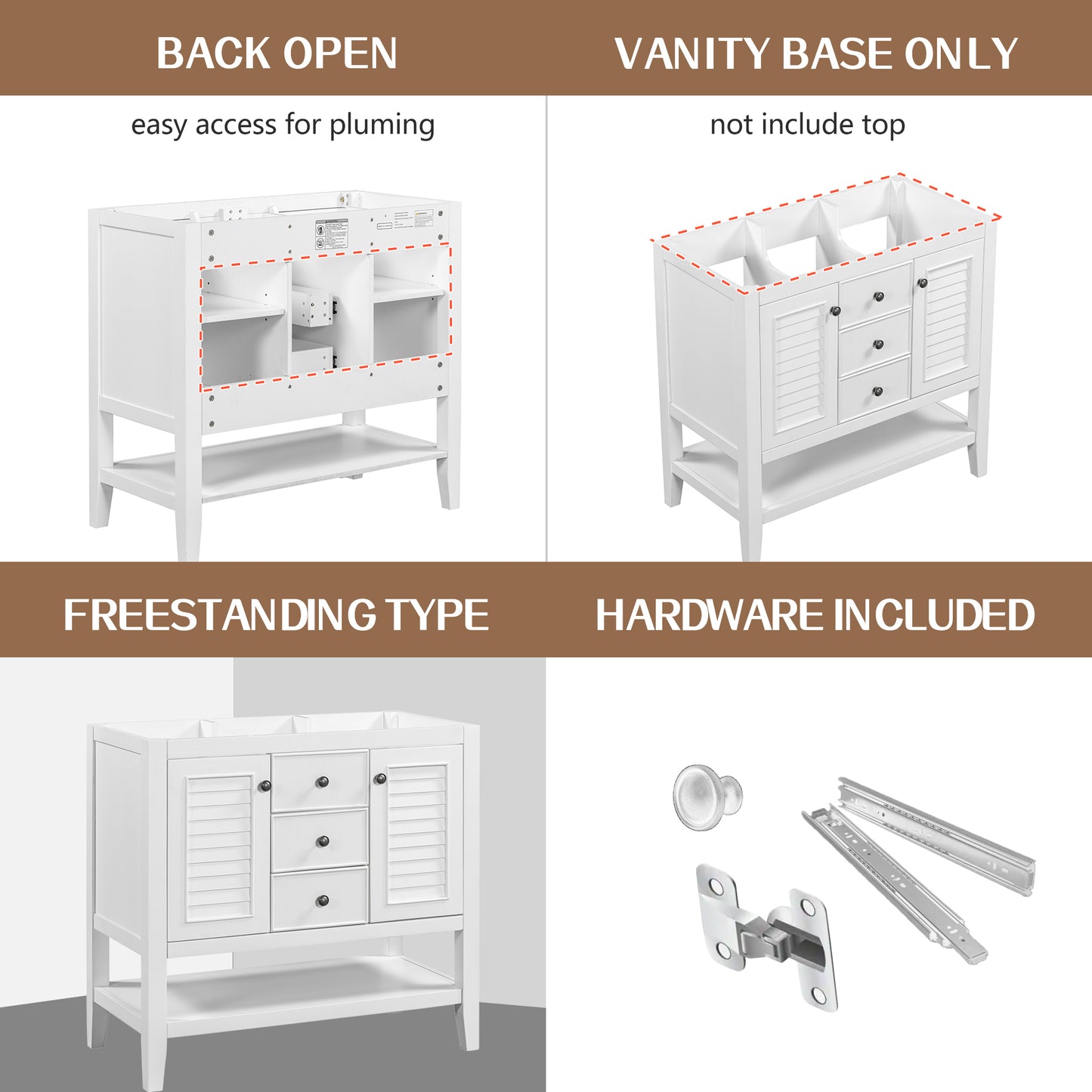 36" Bathroom Vanity without Sink, Cabinet Base Only, Two Cabinets and Drawers, Open Shelf, Solid Wood Frame, White