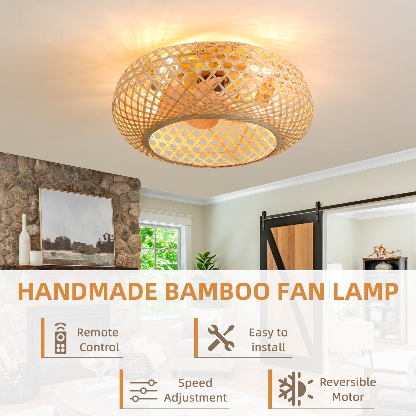 Ceiling Fan with Rustic Bamboo Woven Design and Remote Control