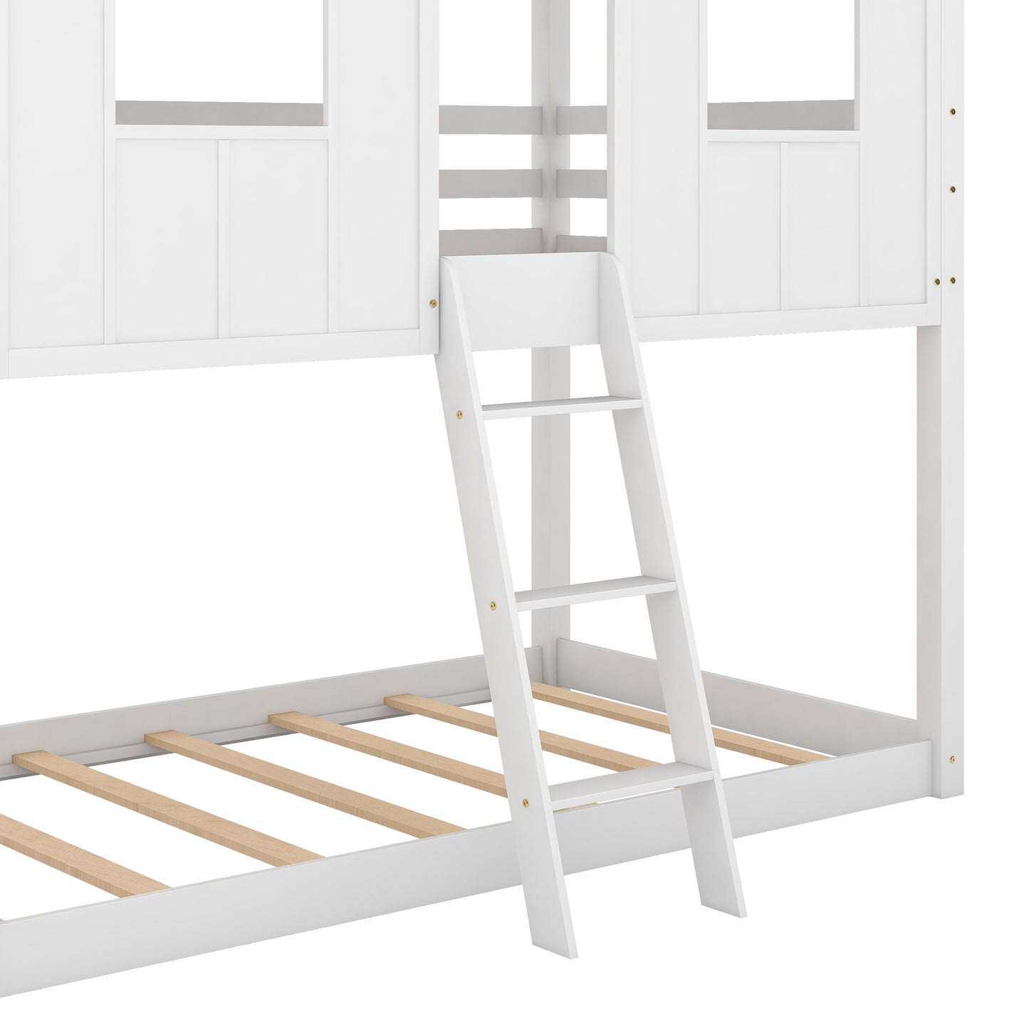 Barnyard Style White Twin Bunk Beds with Roof and Fence Guardrail