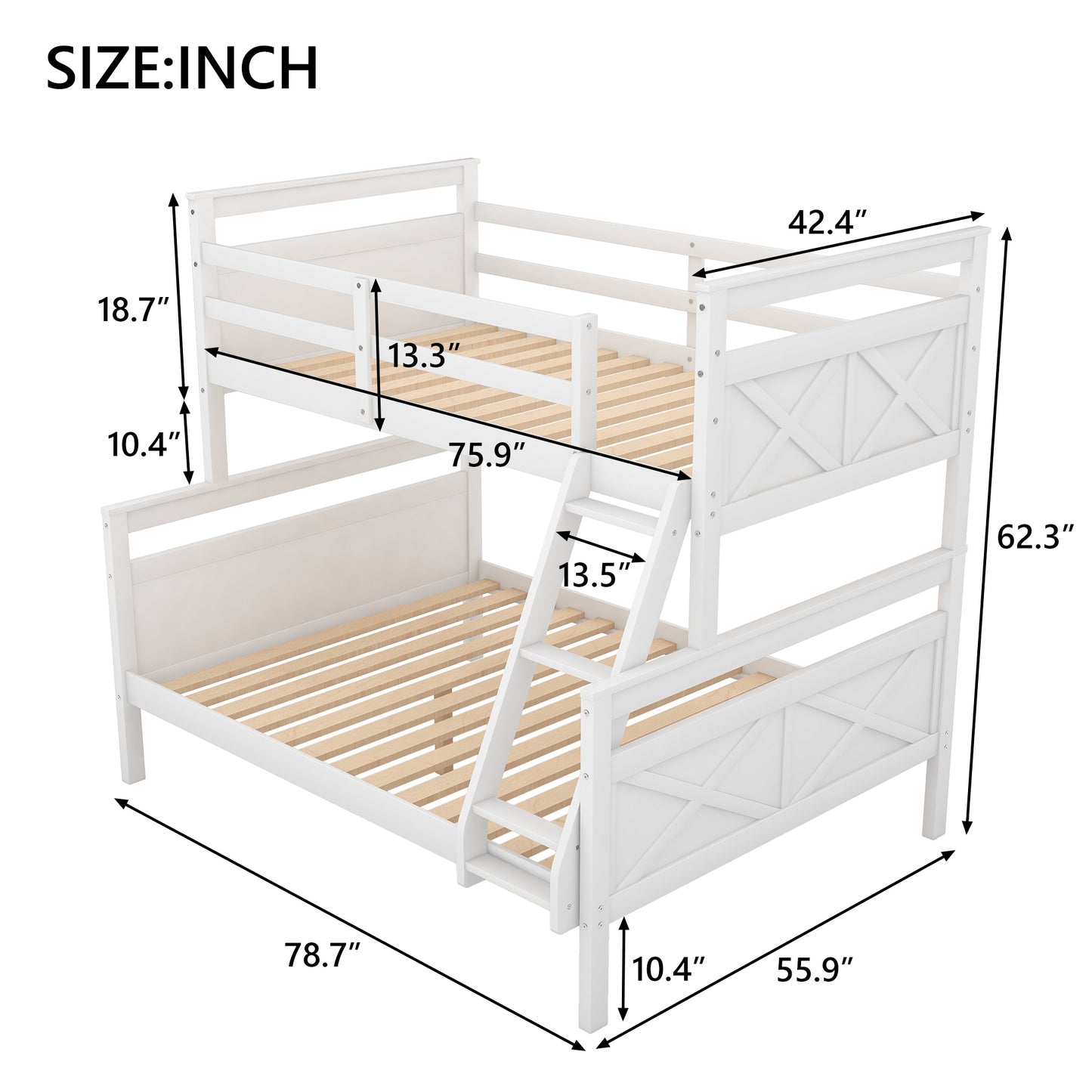 Elegant White Twin over Full Bunk Bed with Safety Guardrail and Ladder