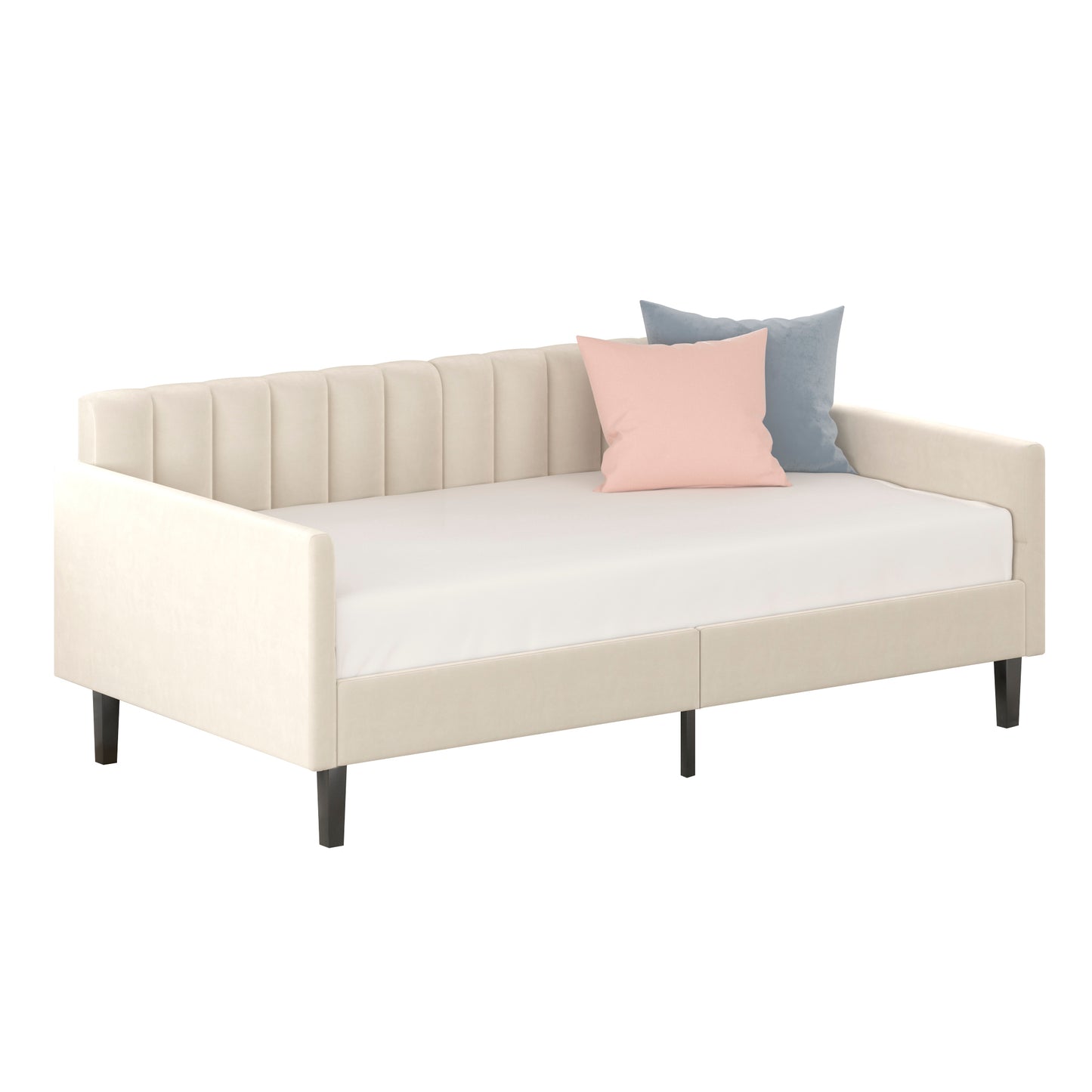 Elena Twin Size Beige Velvet Upholstered Daybed, Ribbed Tufted Backrest, Daybed in Lavish Modern Design, Richly Hued Foam Comfort