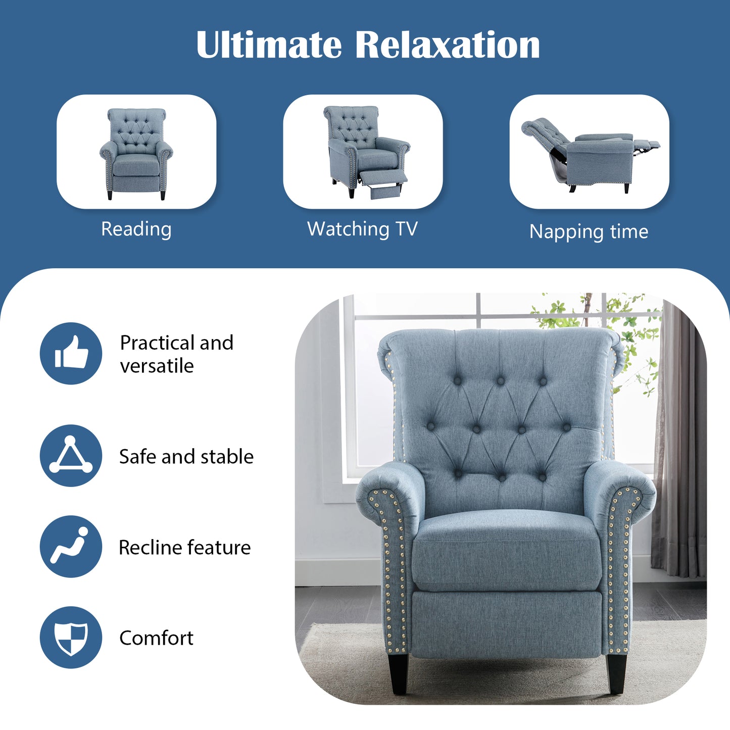 Luxurious Blue Linen Recliner with Pushback Function and Nailhead Trim