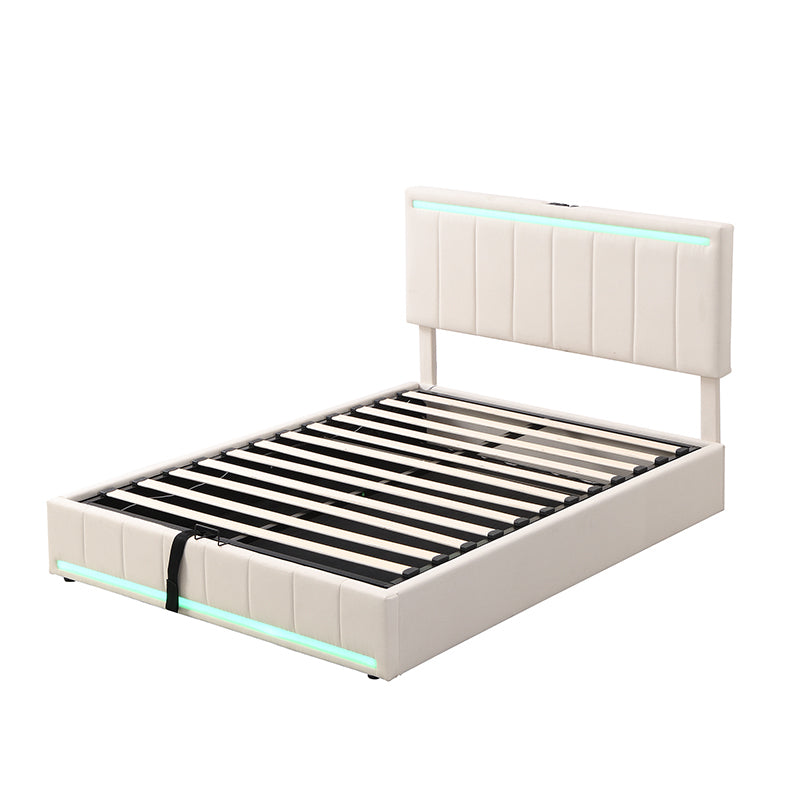 Full Size Upholstered Platform Bed with Hydraulic Storage System, LED Light, and a set of USB Ports and Sockets, Linen Fabric, Beige