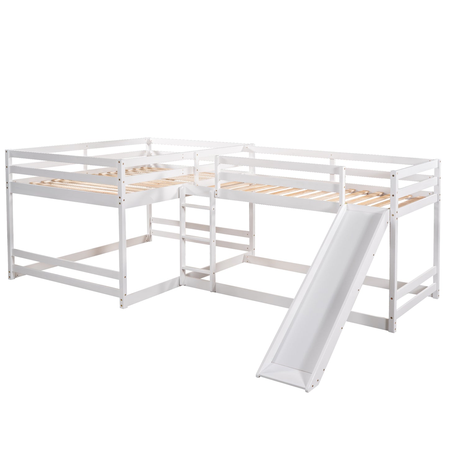 Elegant White L-Shaped Bunk Bed with Slide and Twin/Twin Configuration