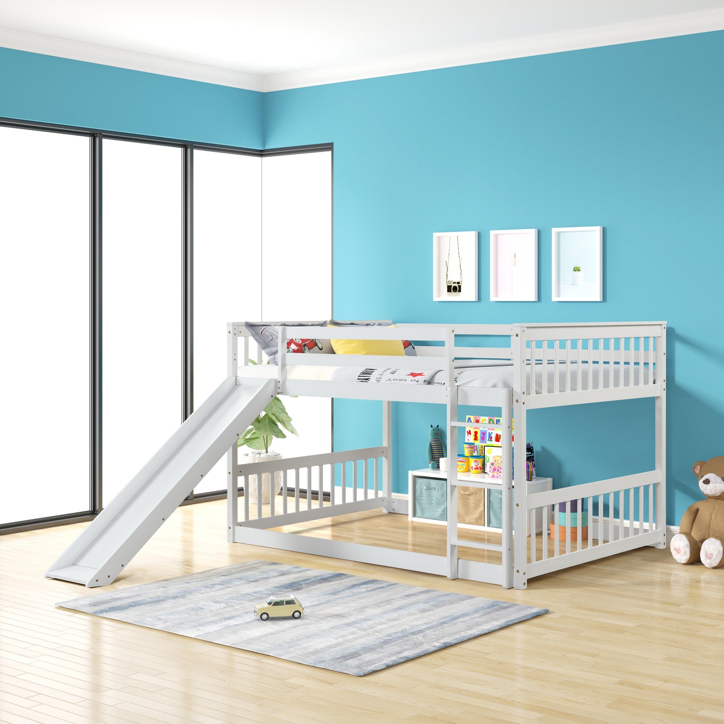 Full over Full White Bunk Bed with Slide and Ladder