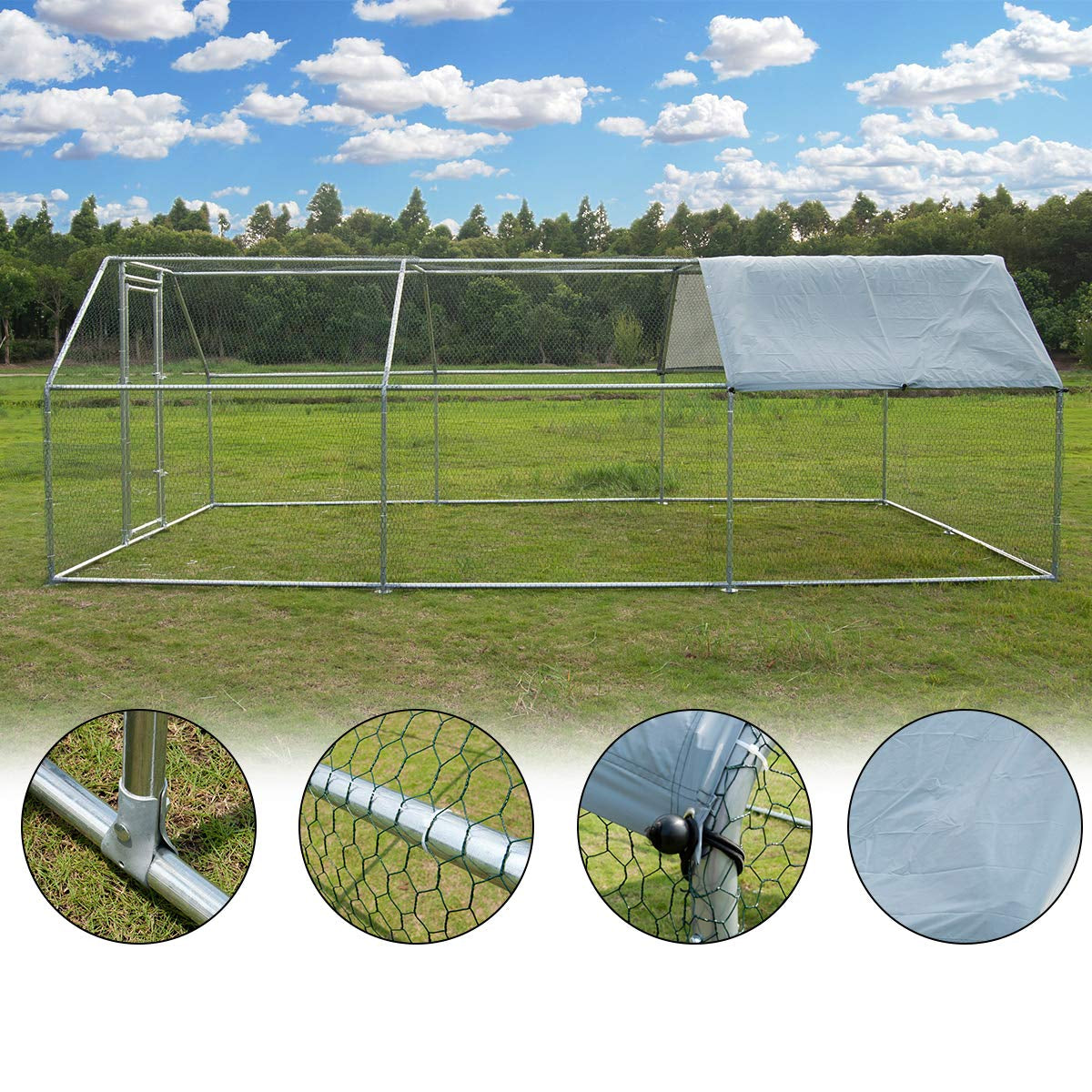 Metal Large Chicken Coop Walk-in Poultry Cage Large Chicken Run Flat Shaped Cage with Waterproof Anti-UltravioletCover, 1.26" Diameter Tube (19.6' L x 9.8' W x 6.5' H)