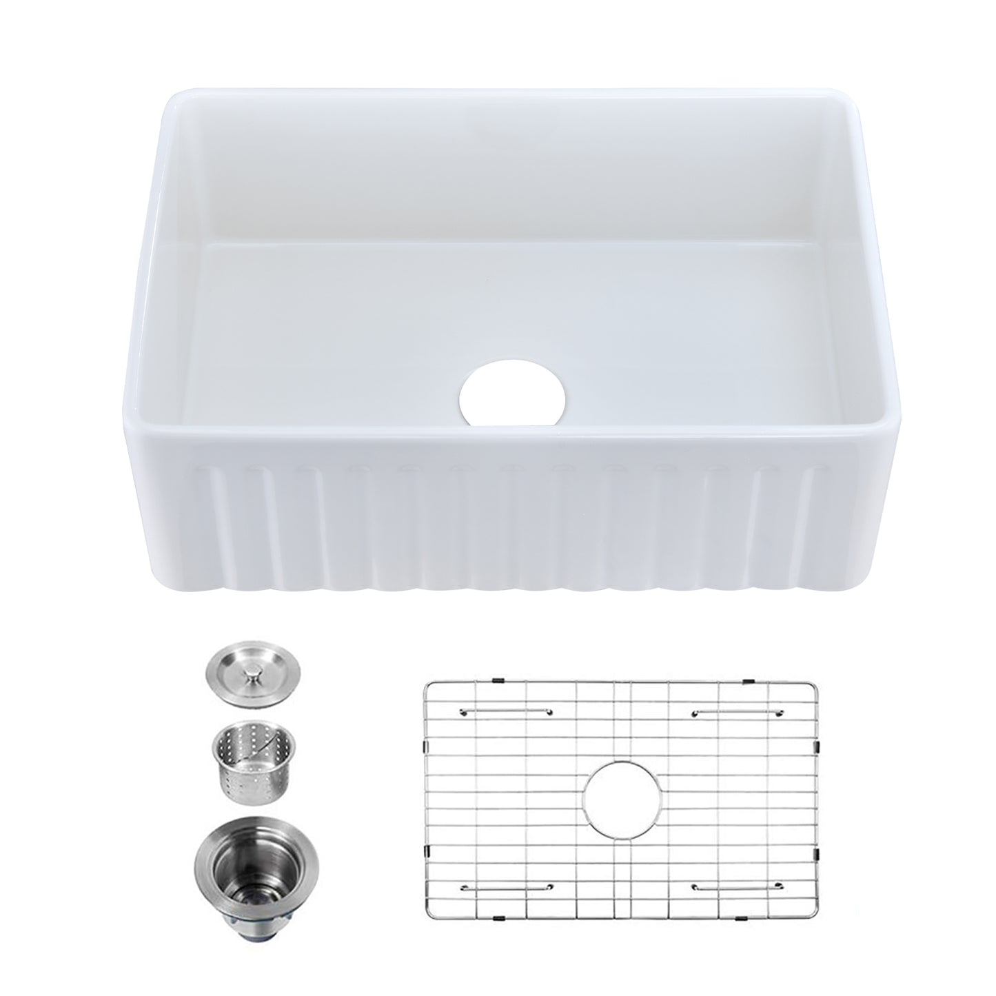 36 Fireclay White Farmhouse Kitchen Sink with Grid and Strainer