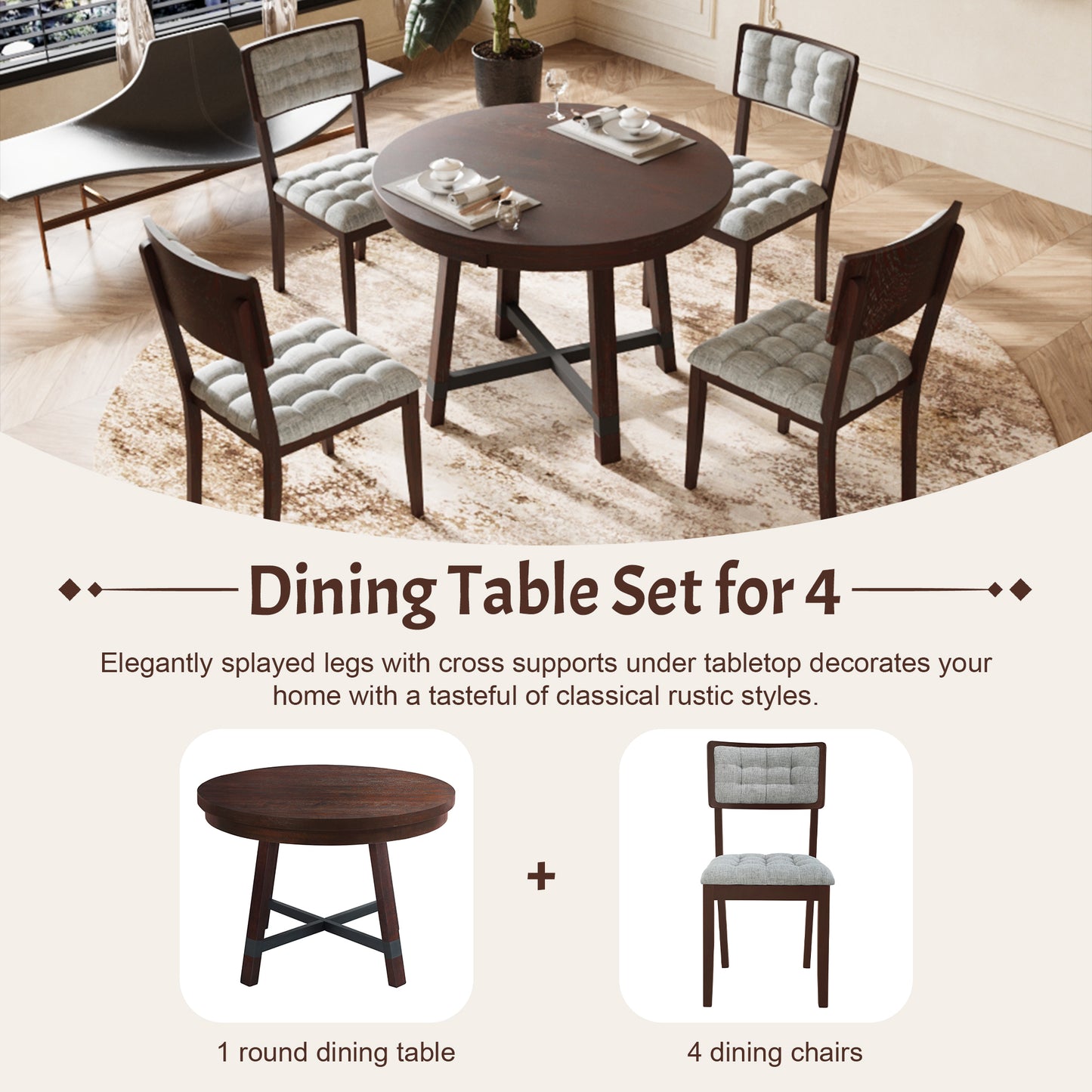 Rustic 42inch Round Dining Table Set with Cross Legs and Upholstered Dining Chairs for Small Places, Espresso