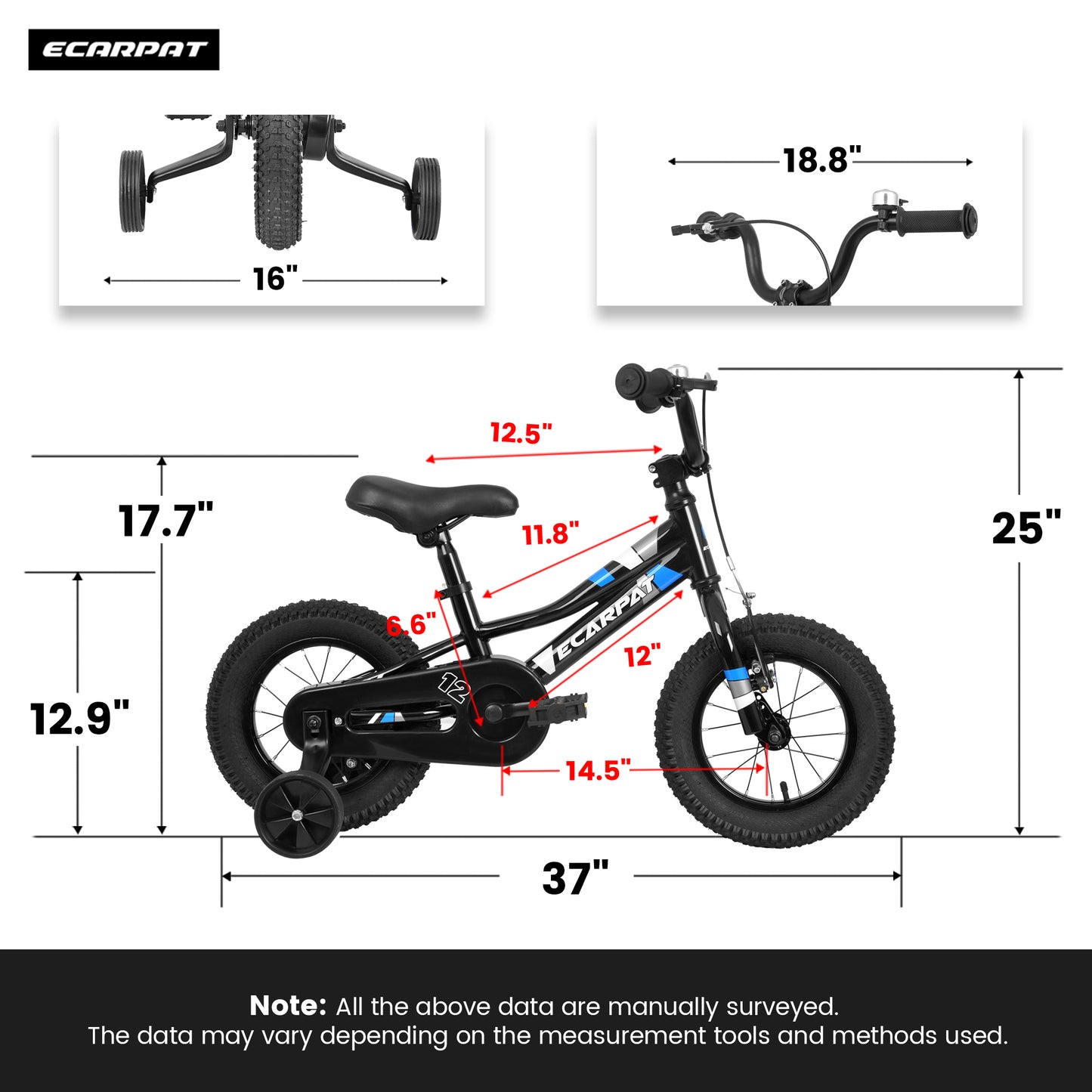 A12117 Ecarpat Kids' Bike 12 Inch Wheels, 1-Speed Boys Girls Child Bicycles For2-4Years, With Removable Training Wheels Baby Toys, Front V Brake, Rear Holding Brake