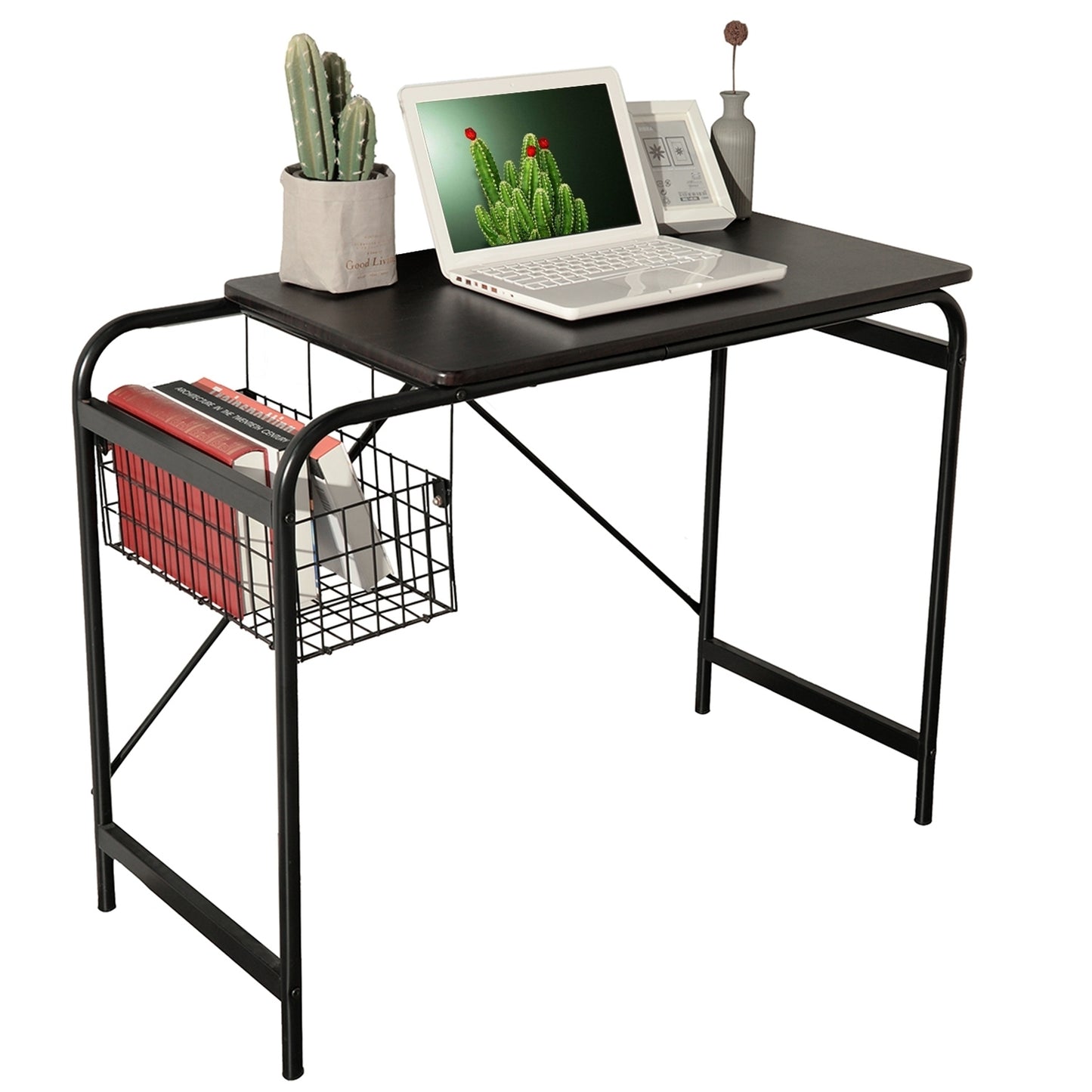 Compact Modern 31.5 Computer Desk with Wire Storage Basket - Walnut & Black