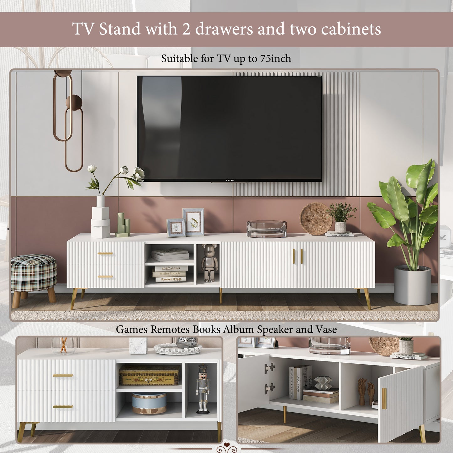 Stylish White Modern TV Stand with Champagne Legs - Accommodates TVs up to 77